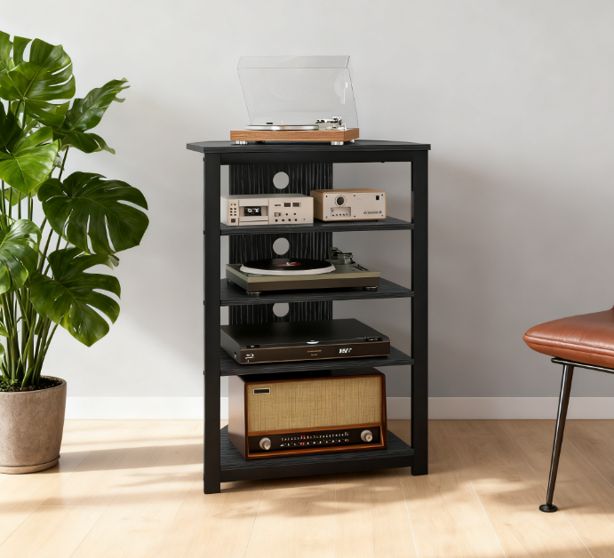 TV Stand,  Storage Shelves and Steel Frame for Bedroom, Black