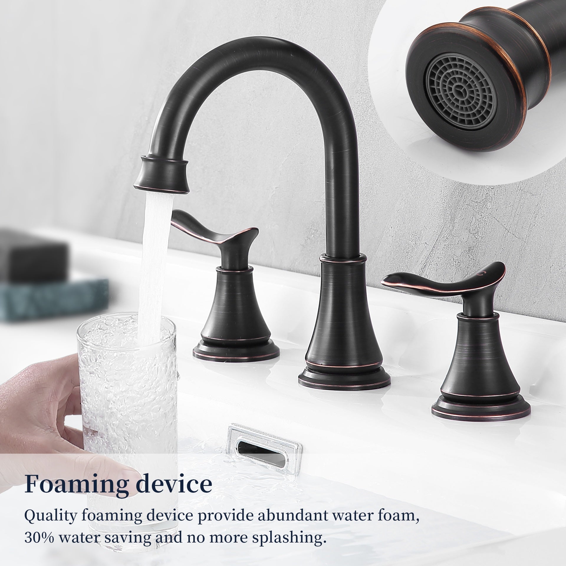 2-Handle 8 inch Widespread Bathroom Sink Faucet Oil Rubbed Bronze Lavatory Faucet 3 Hole 360° Swivel Spout Vanity Sink Basin Faucets with Pop Up Drain Assembly and cUPC Water Supply Hoses