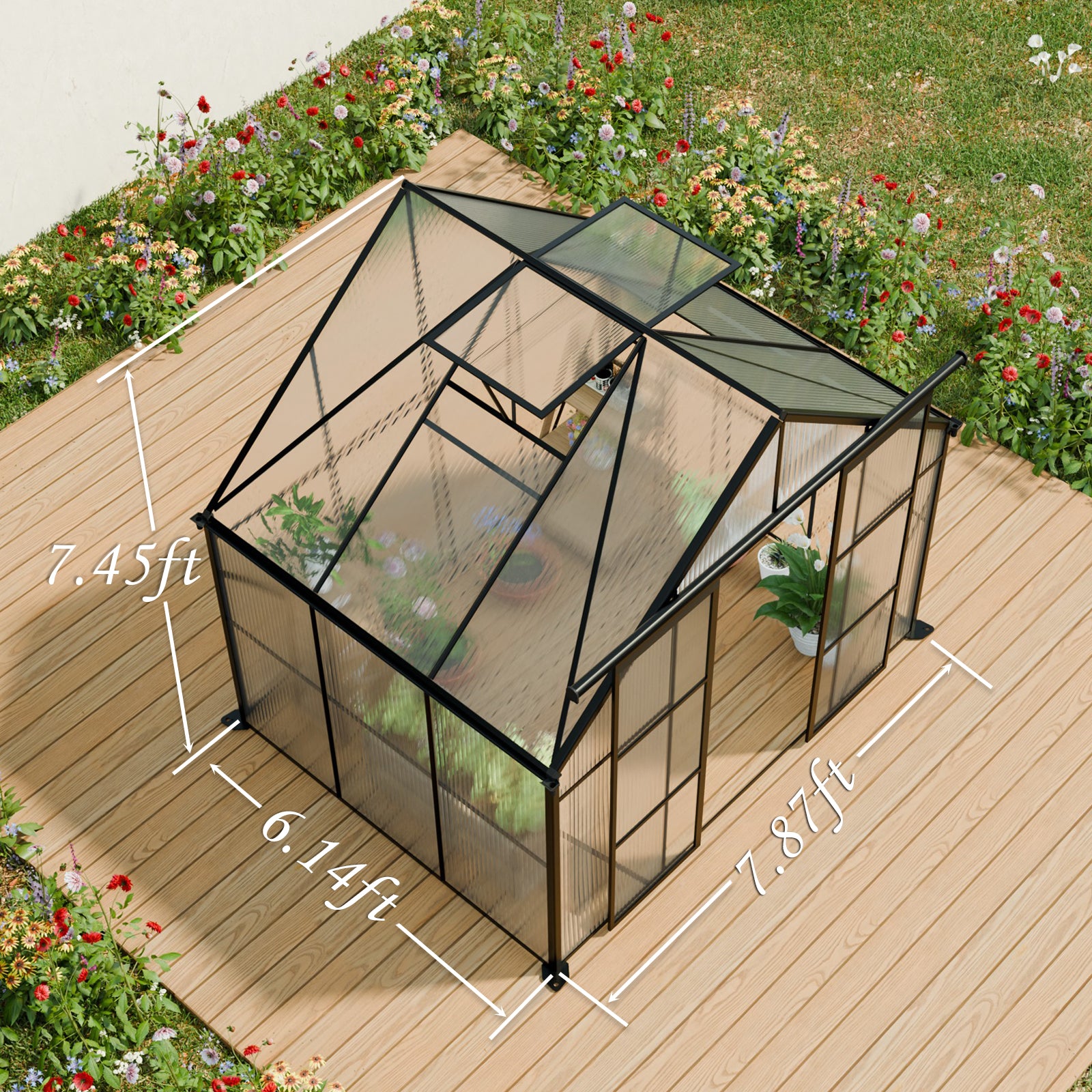 8X6FT-Black Double Door Polycarbonate Greenhouse Raised Base and Anchor Aluminum Heavy Duty Walk-in Greenhouses for Outdoor Backyard in All Season