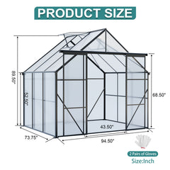8X6FT-Black Double Door Polycarbonate Greenhouse Raised Base and Anchor Aluminum Heavy Duty Walk-in Greenhouses for Outdoor Backyard in All Season