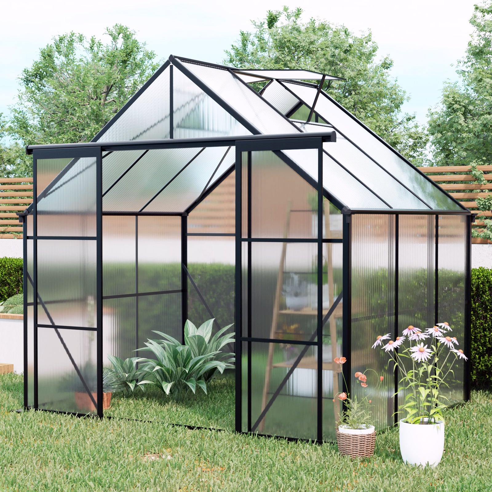 8X6FT-Black Double Door Polycarbonate Greenhouse Raised Base and Anchor Aluminum Heavy Duty Walk-in Greenhouses for Outdoor Backyard in All Season