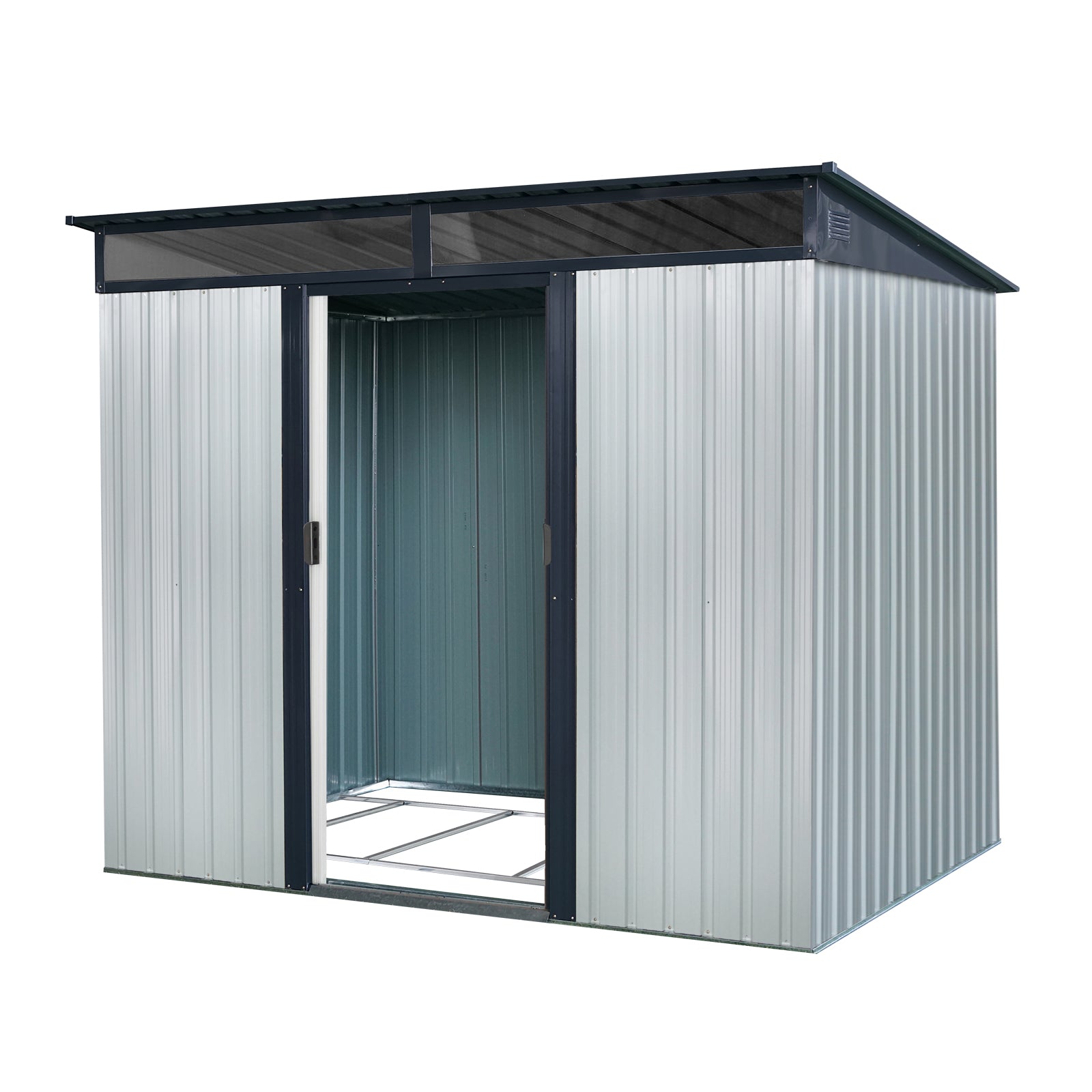 8ft x 6ft Outdoor Metal Storage with Lockable Sliding Doors and Transparent plate for Garden, Lawn  (White and Black)