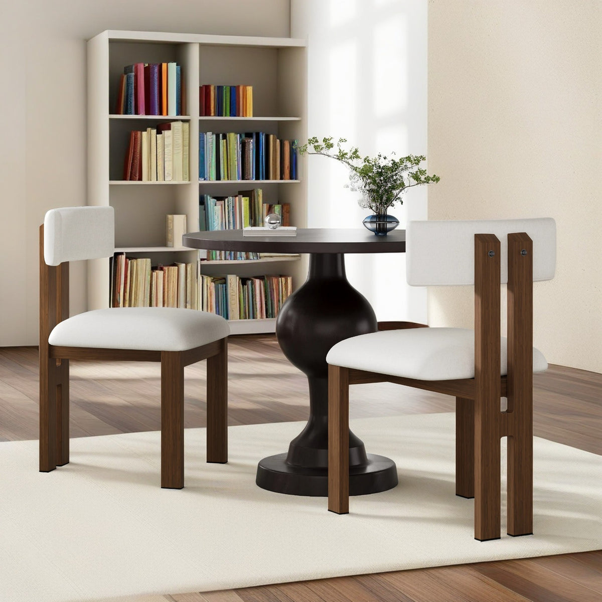 3- Piece Dining Set,Upholstered Dining Chairs With Metal Legs (Set of 2) (White+Brown) + Round Dining Table