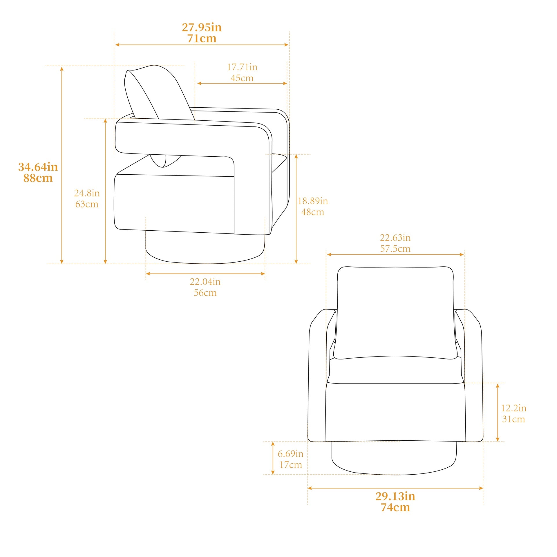29.13" W Square Swivel Accent Chair, Modern Rotating Arm Chair with Open Back,360 Degree Rotation, Lounge Club Chair with Removable Back Cushion for Living Room, Hotel, Bed Room,Caramel