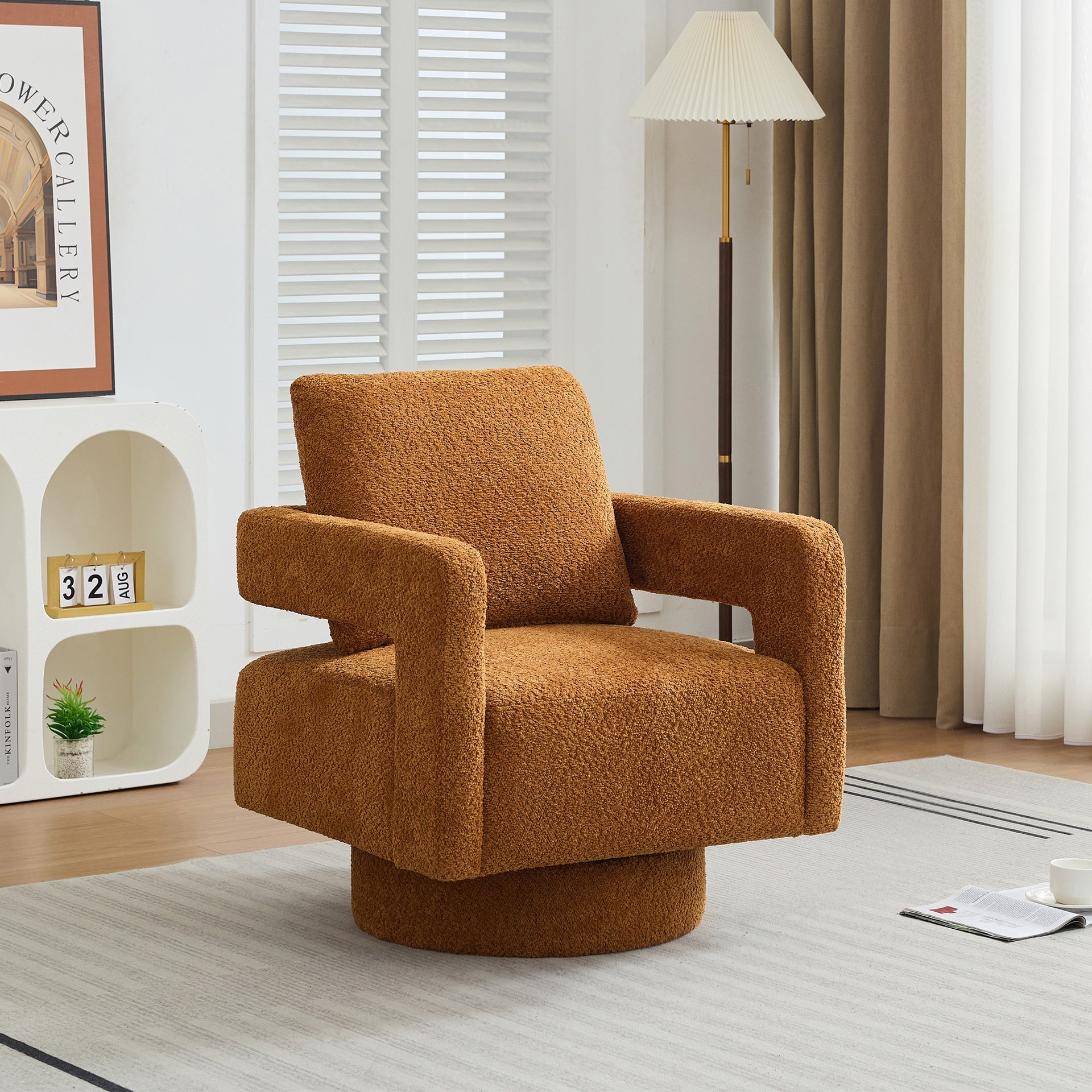 29.13" W Square Swivel Accent Chair, Modern Rotating Arm Chair with Open Back,360 Degree Rotation, Lounge Club Chair with Removable Back Cushion for Living Room, Hotel, Bed Room,Caramel