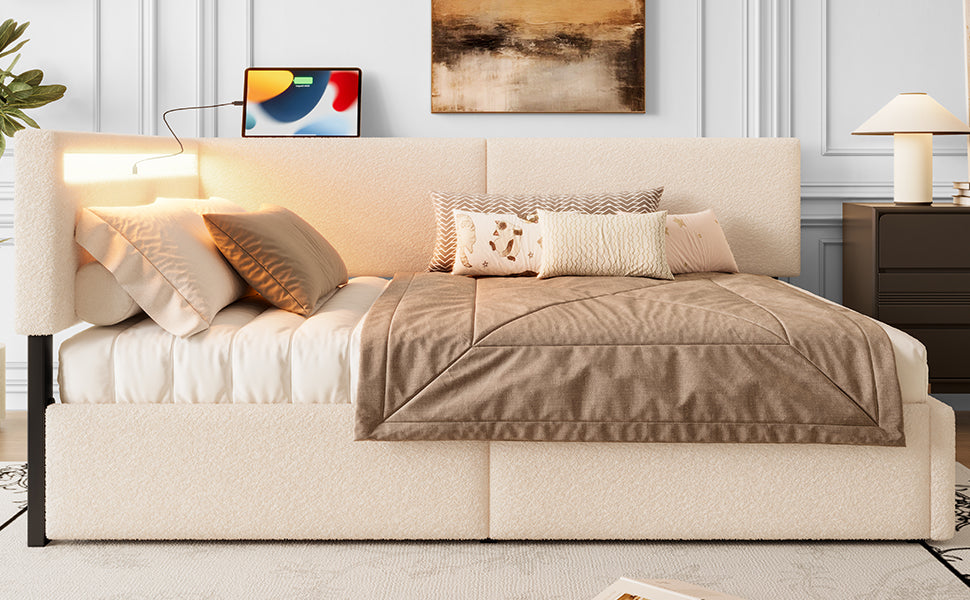 Twin Size Boucle Bed Frame, Upholstered Cloud Bed Frame with Headboard, with 2 Storage Drawers, LED light and USB Charging Design, Solid Wood Legs and Slats, No Box Spring Needed, Beige