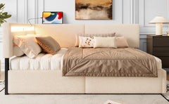 Twin Size Boucle Bed Frame, Upholstered Cloud Bed Frame with Headboard, with 2 Storage Drawers, LED light and USB Charging Design, Solid Wood Legs and Slats, No Box Spring Needed, Beige