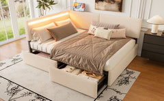 Twin Size Boucle Bed Frame, Upholstered Cloud Bed Frame with Headboard, with 2 Storage Drawers, LED light and USB Charging Design, Solid Wood Legs and Slats, No Box Spring Needed, Beige