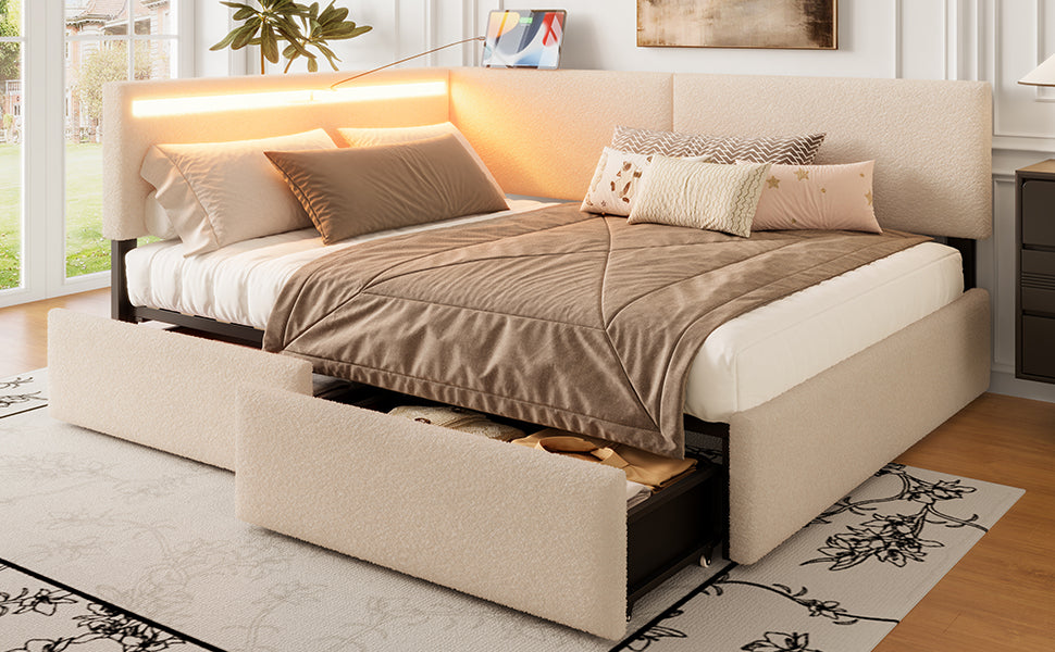 Twin Size Boucle Bed Frame, Upholstered Cloud Bed Frame with Headboard, with 2 Storage Drawers, LED light and USB Charging Design, Solid Wood Legs and Slats, No Box Spring Needed, Beige
