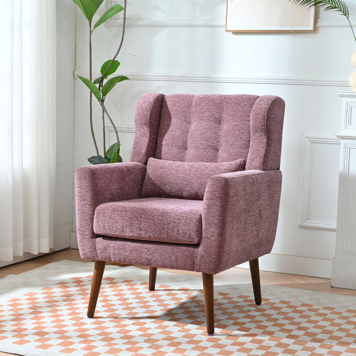 Modern Accent Chair,Chenille Living Room Lounge Chair w/ Throw Pillow,Comfy Reading Chair,Mid Century Living Room Chair, Lounge Arm Chairs Armchair for Living Room Bedroom (Purple)