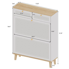 Shoe cabinet with 2 flip-up doors and 2 drawers,narrow shoe rack cabinet,freestanding shoe organizer,shoe organizer for entryway,with natural wood legs(white natural)