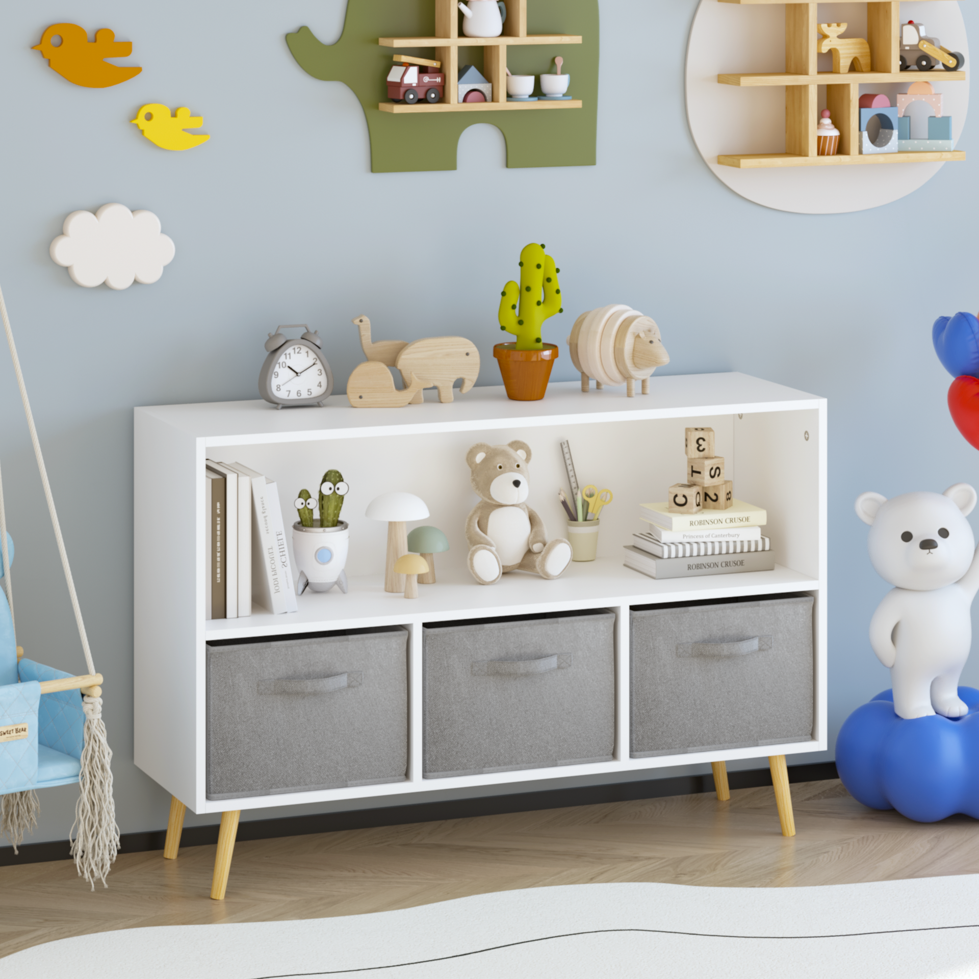 Kids bookcase with Collapsible Fabric Drawers, Children's Book Display, Toy Storage Cabinet Organizer, White/Gray