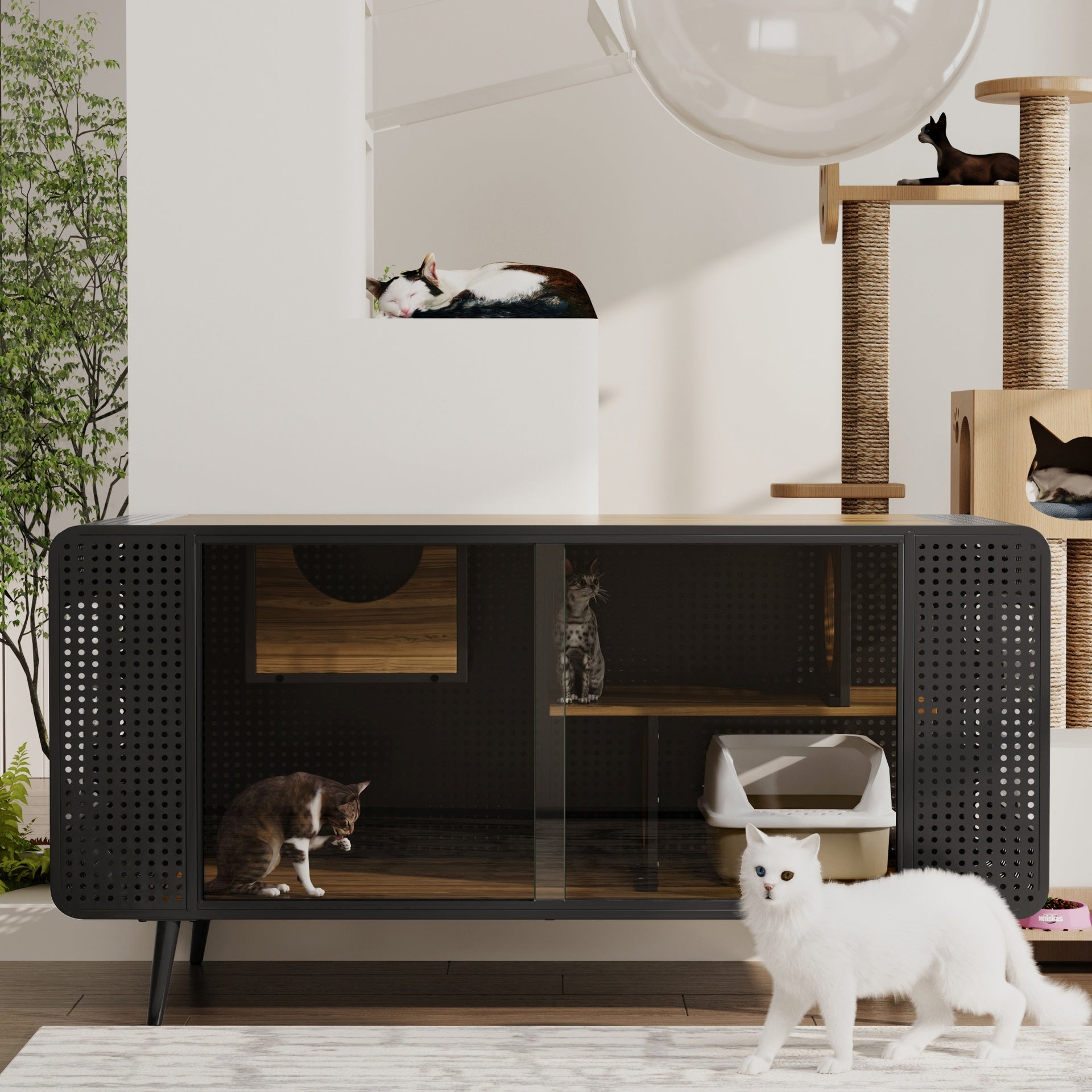 55.12 "Spacious Cat House with Tempered Glass, for Living Room, Hallway, Study and Other Spaces