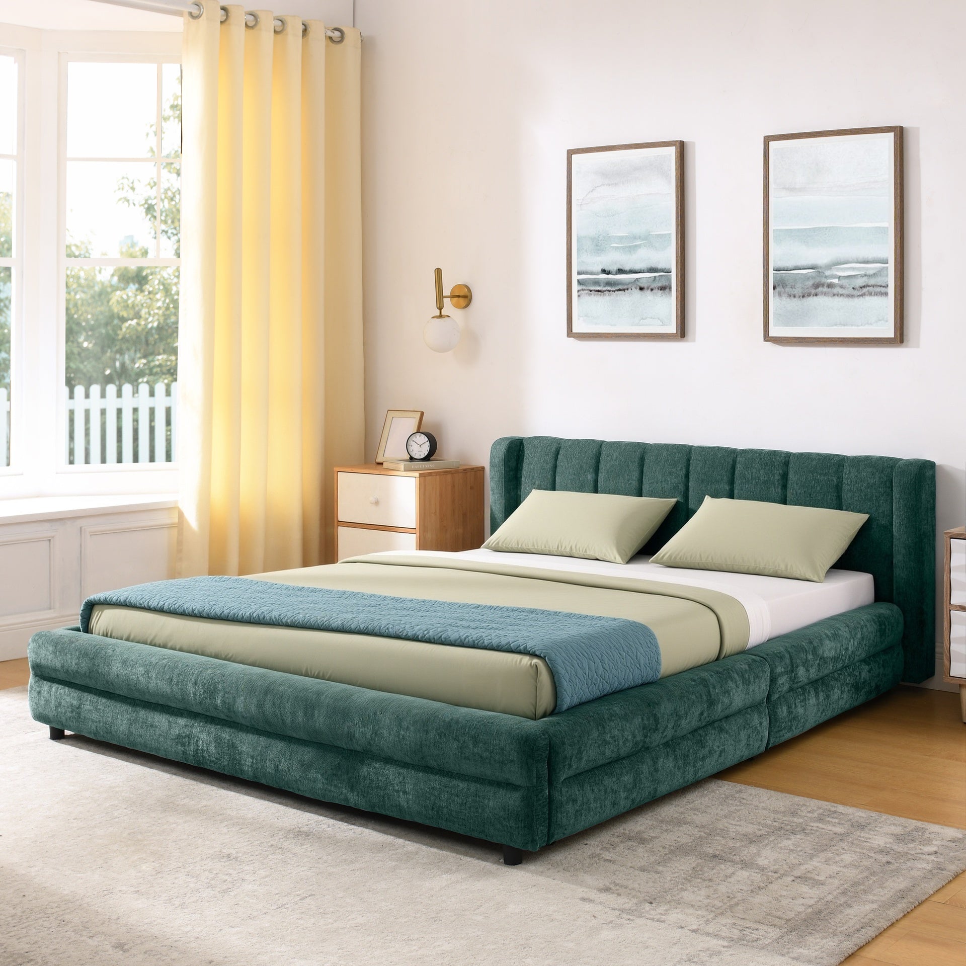 Queen Size Upholstered Bed Frame with Thick Fabric, comfortable upholstered bed frame, Chenille fabric, with headboard and solid bed frame. With drawer for storage-Blue+Green(86''*68.5''*67'')
