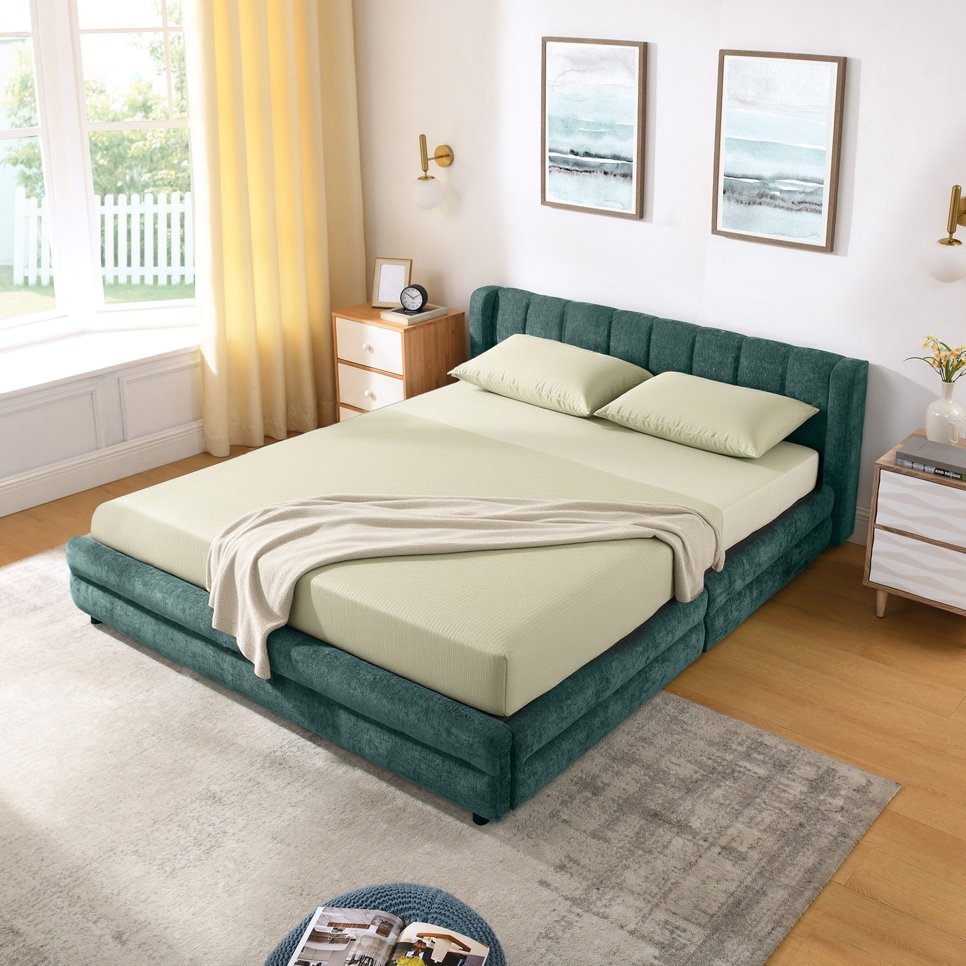 Queen Size Upholstered Bed Frame with Thick Fabric, comfortable upholstered bed frame, Chenille fabric, with headboard and solid bed frame. With drawer for storage-Blue+Green(86''*68.5''*67'')