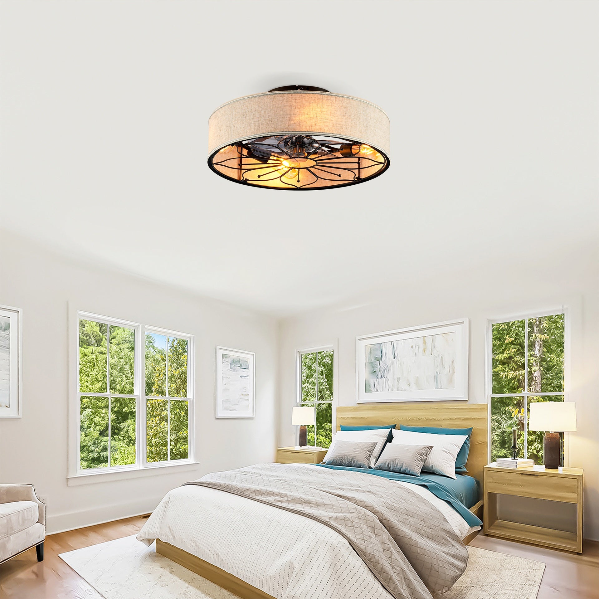 20" Lotus Design  Fabric Farmhouse Bladeless Ceiling fan With Remote Control  For Living room, Bedroom,Kitchen--NOT INCLUDED BULBS