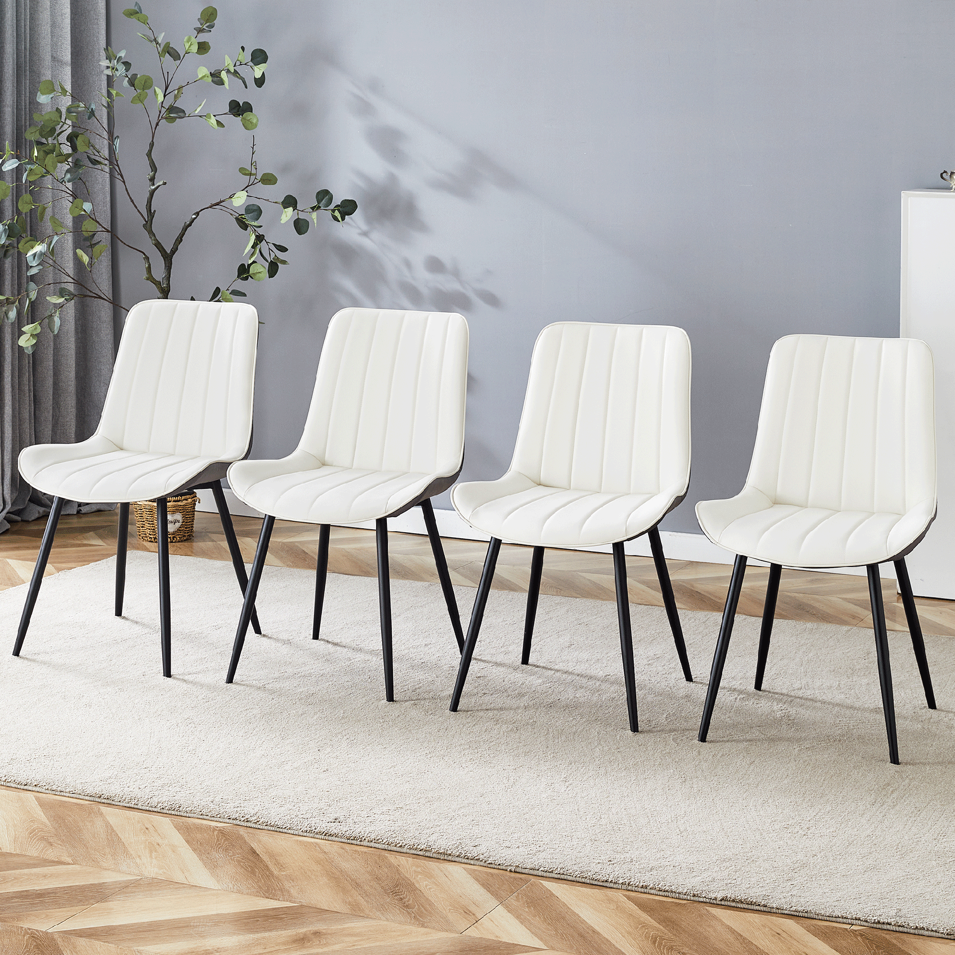 Extended Seat Cushion PU Dining Chair Set - Four Pieces.Smooth line design.Can integrate well into various modern home decoration styles.White and Dark Gray Splicing Colors.