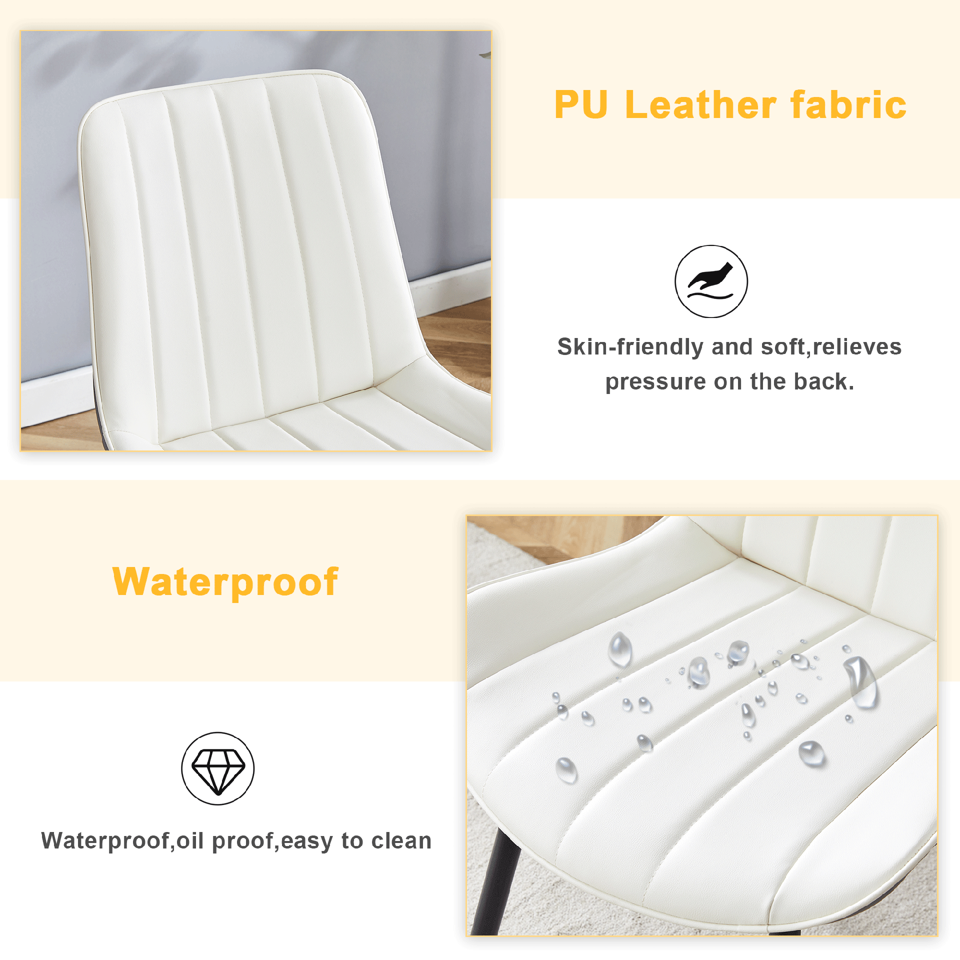 Extended Seat Cushion PU Dining Chair Set - Four Pieces.Smooth line design.Can integrate well into various modern home decoration styles.White and Dark Gray Splicing Colors.