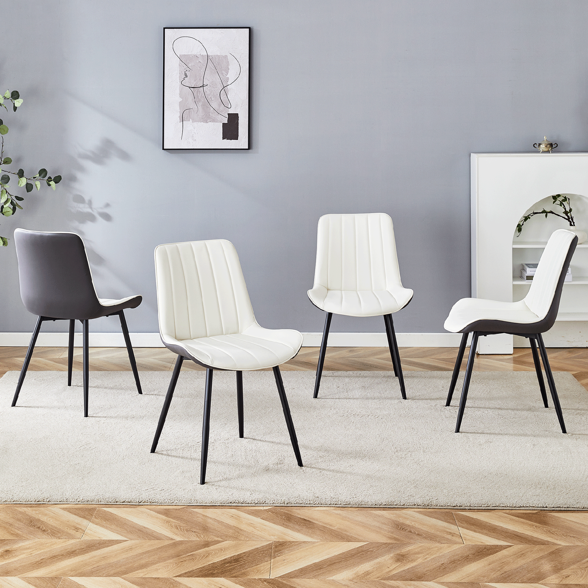 Extended Seat Cushion PU Dining Chair Set - Four Pieces.Smooth line design.Can integrate well into various modern home decoration styles.White and Dark Gray Splicing Colors.