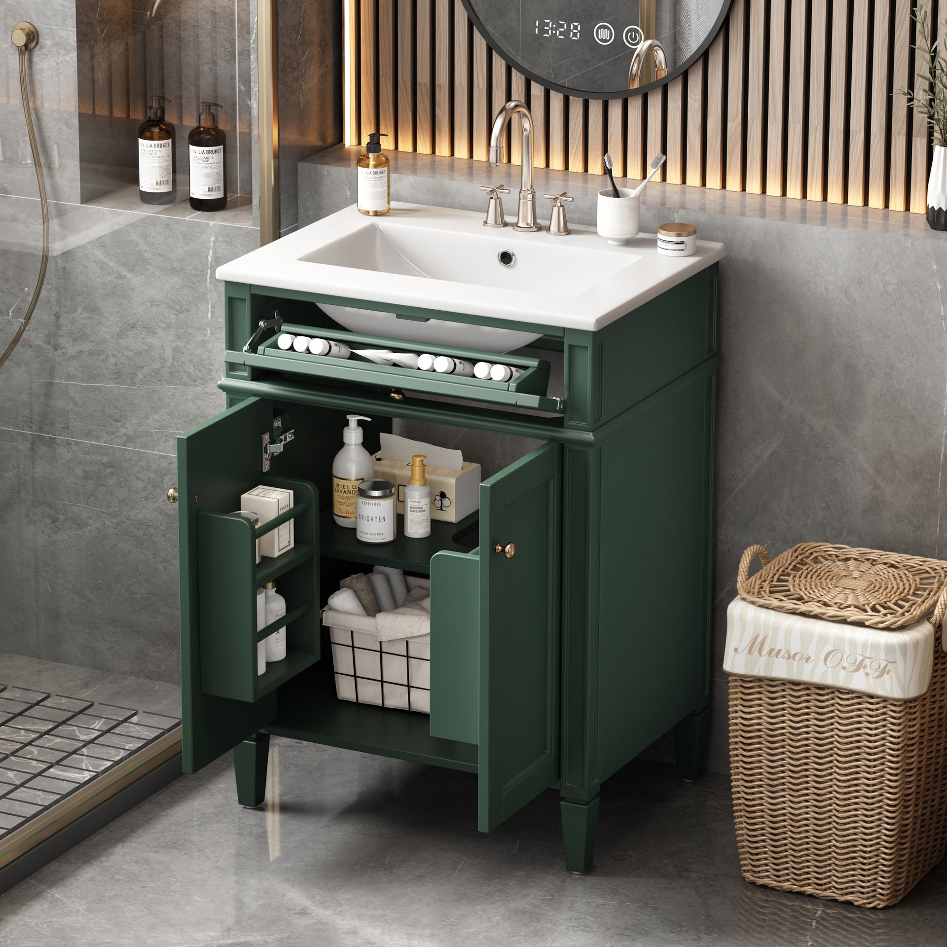 24" Bathroom Vanity with 2 Doors and Tip-Out Drawer, Bathroom Storage Cabinet with Sink, Soft-Closing Doors with Organizers