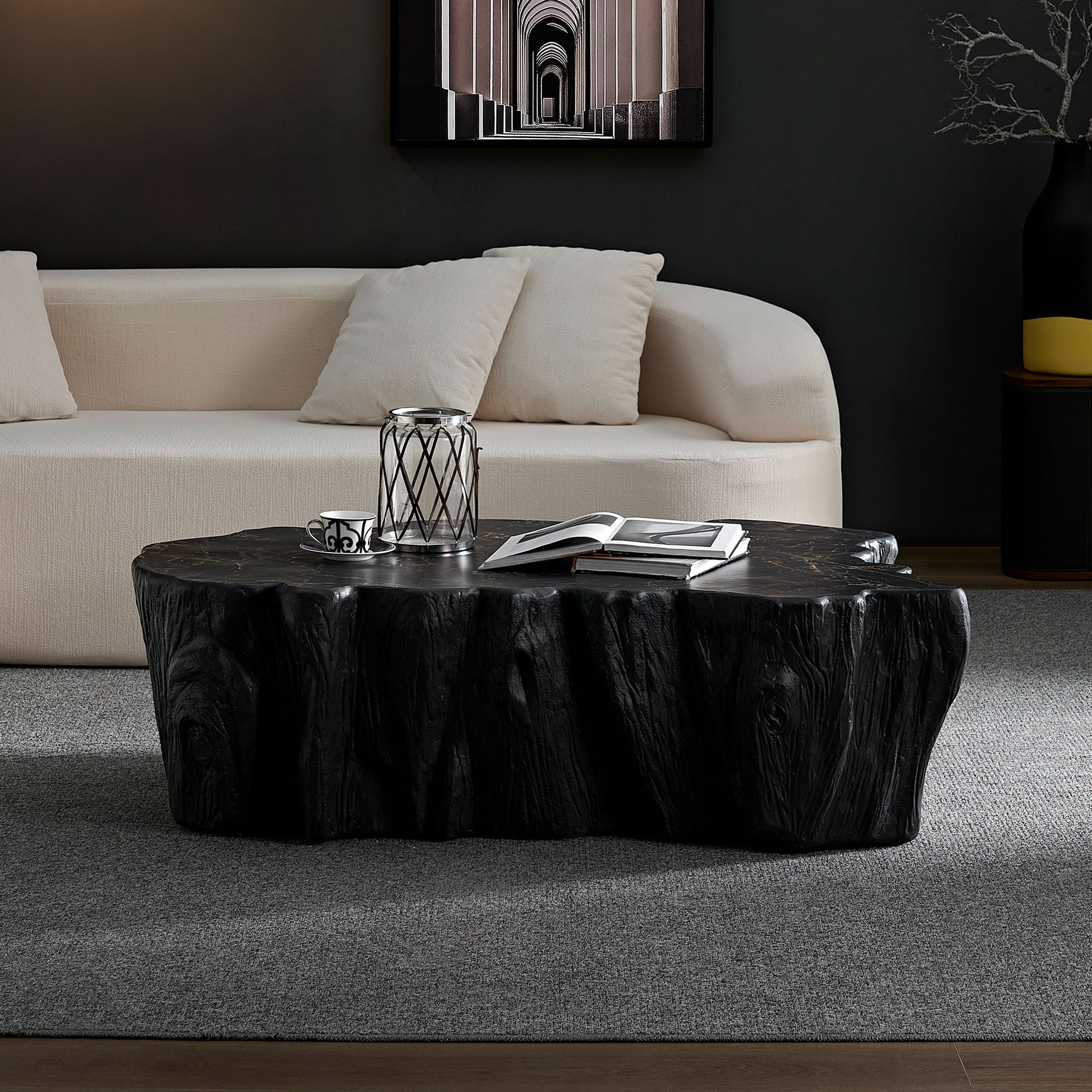 48.62 inch Unique Shape Coffee Table Sturdy Fiberglass Tea Table for Living Room No Need Assembly  Black