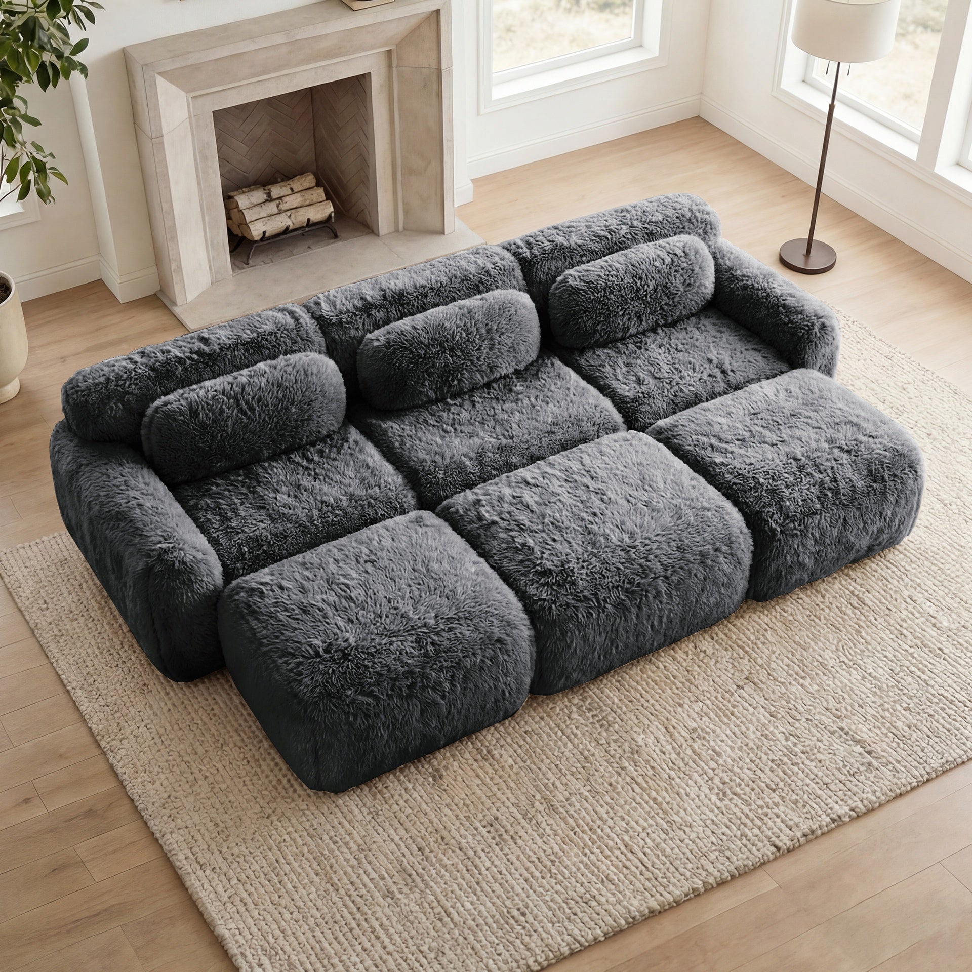 3-Seater Soft  Plush Fabric,32D High Density Spong,Movable Ottoman Free Combination,No Assembly Required Bottom Anti-Slip Design,Buckle Connection For Bedroom, Living Room, And Home Theater,Dark Grey