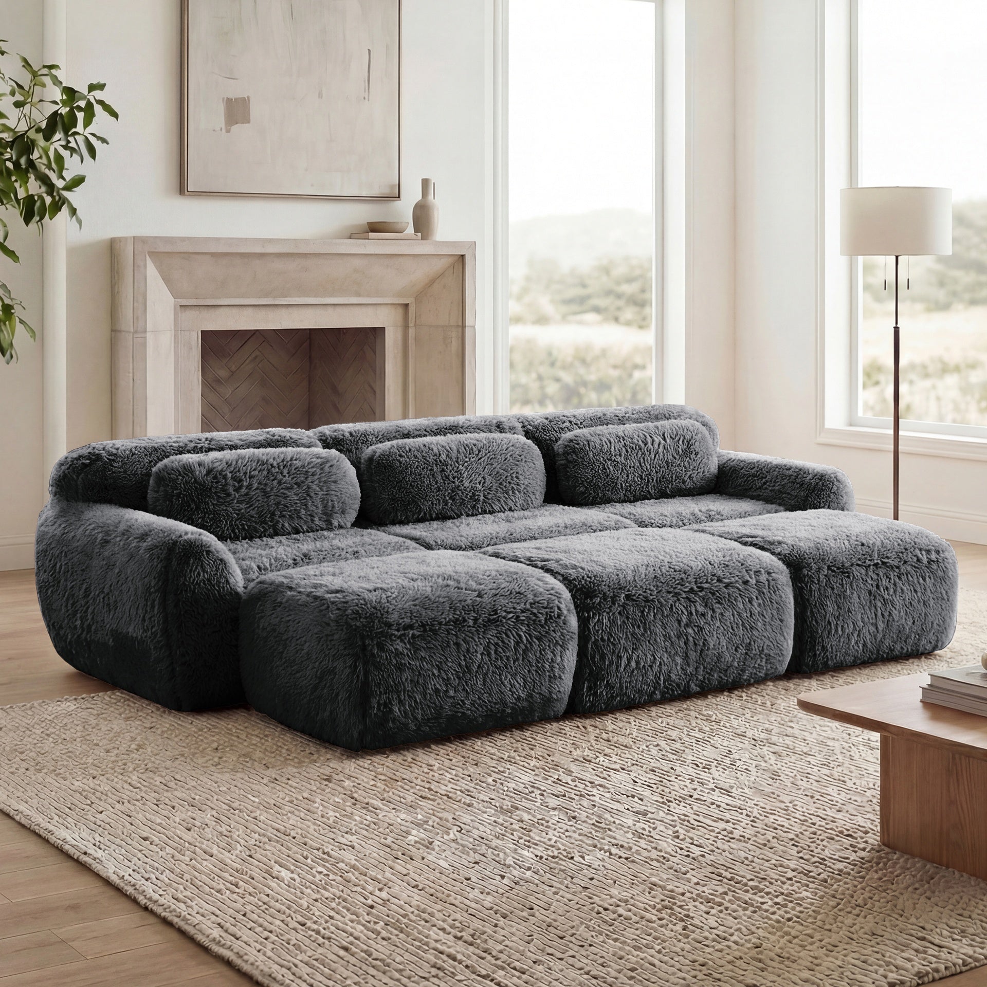 3-Seater Soft  Plush Fabric,32D High Density Spong,Movable Ottoman Free Combination,No Assembly Required Bottom Anti-Slip Design,Buckle Connection For Bedroom, Living Room, And Home Theater,Dark Grey