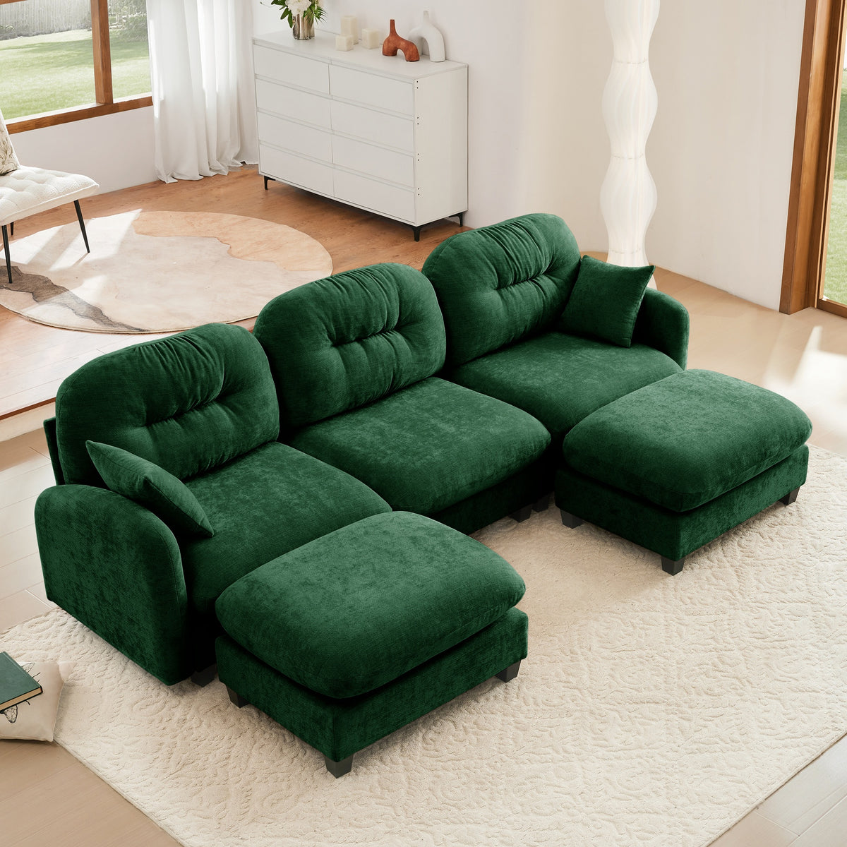 Modular Sectional U Shaped Couch With Ottoman,Premium Chenille Fabric,With 2 Throw Pillows,High-Density Foam Tufted Cushion Backrest Design,Easy Install,Fits Bedrooms,Reading Nooks,Green