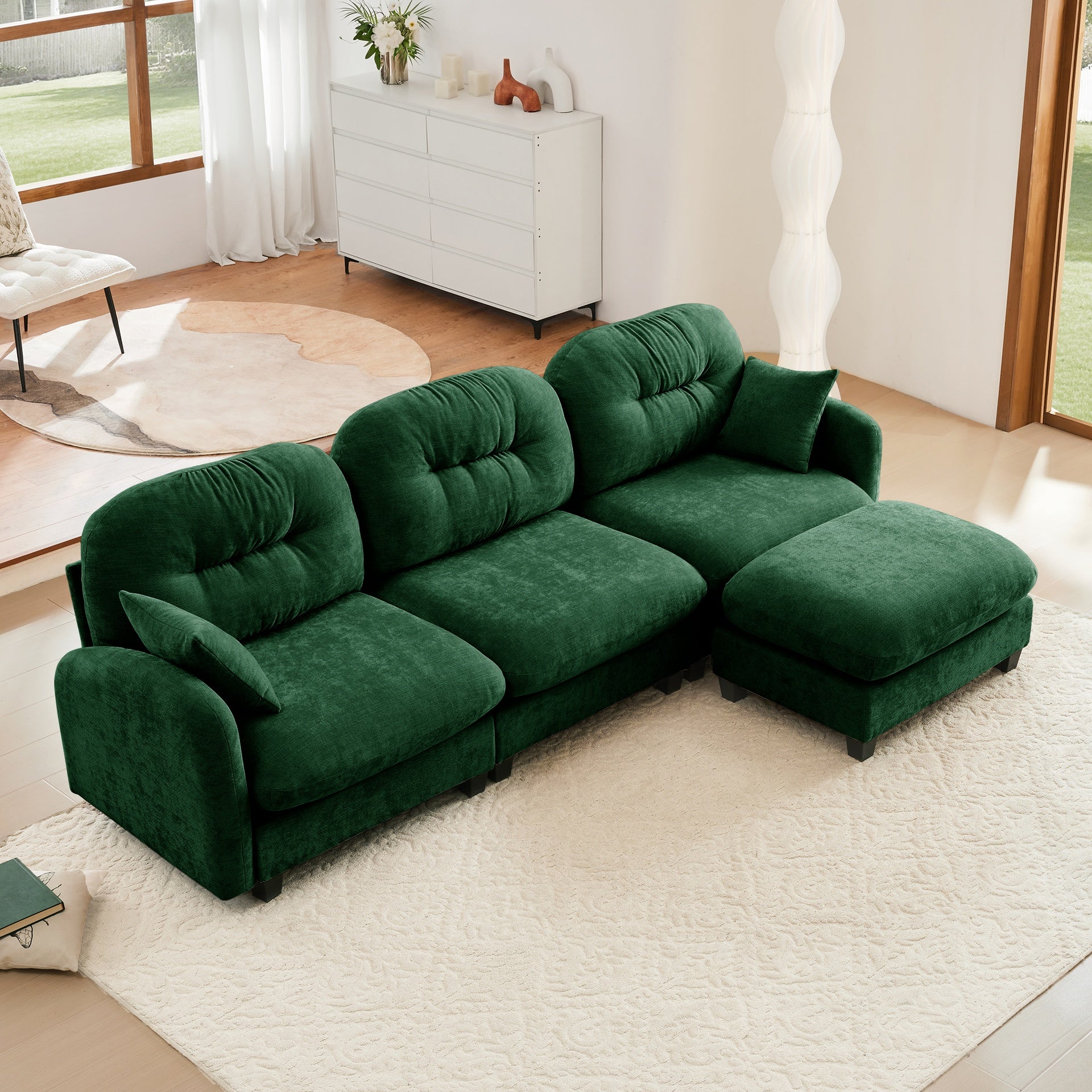 Modular Sectional L Shaped Couch With Ottoman, Premium Chenille Fabric,Tufted Cushion Backrest Design,Ergonomic Design  Easy Install,Fits Bedrooms, Living Rooms Reading Nooks,Green