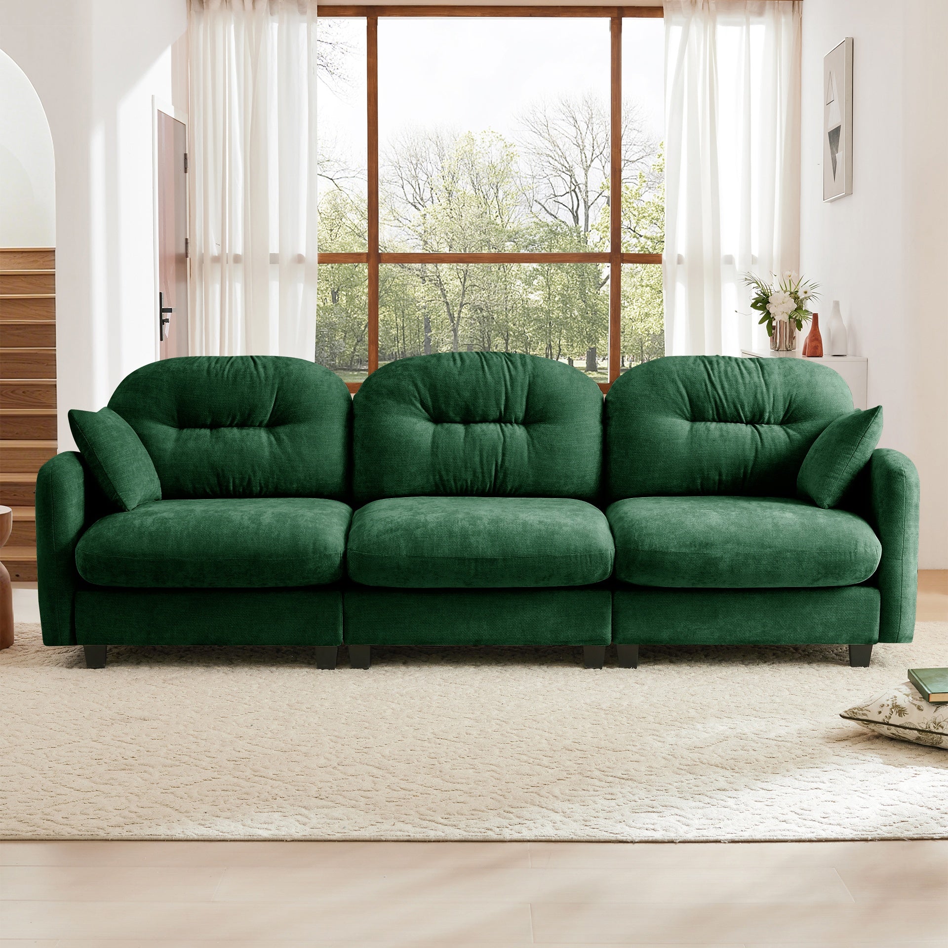 Three-Seate Modular Sectional Couch,Soft Chenille Fabric High-Density Foam ,Tufted Cushion Backrest Design Ergonomic Design,Elegant Armrests,High Quality Wooden Base,Fits Bedrooms Living Rooms,Green