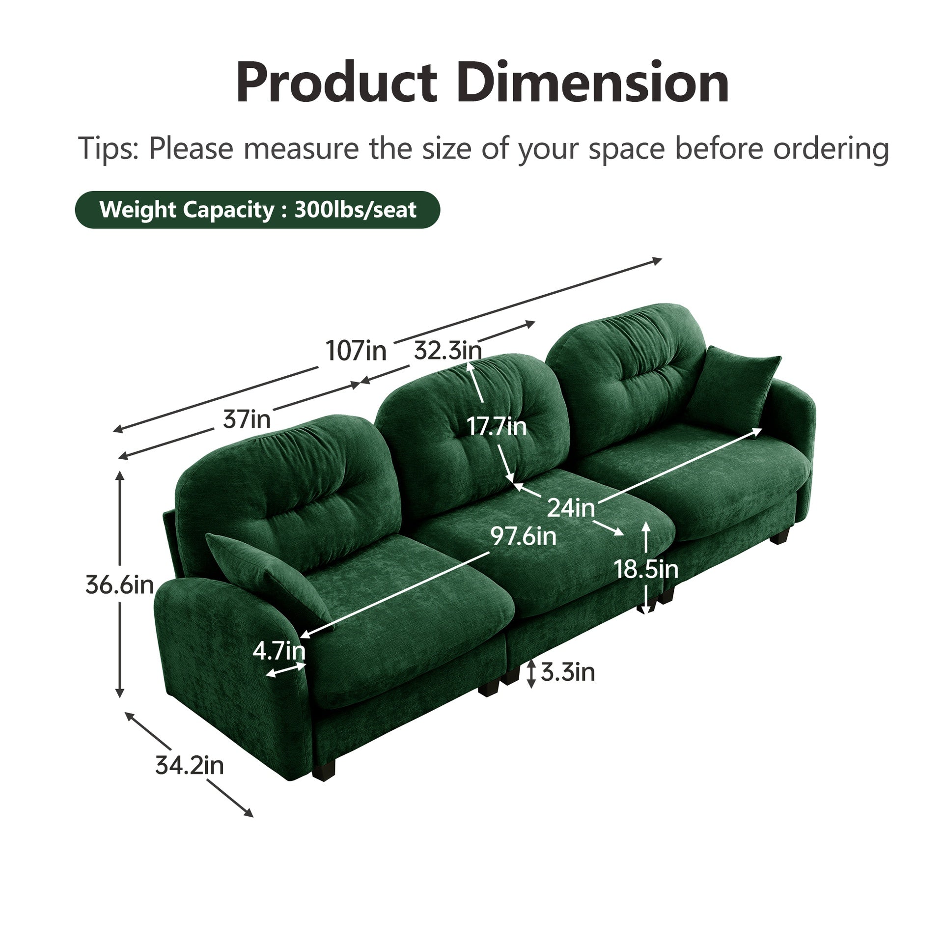 Three-Seate Modular Sectional Couch,Soft Chenille Fabric High-Density Foam ,Tufted Cushion Backrest Design Ergonomic Design,Elegant Armrests,High Quality Wooden Base,Fits Bedrooms Living Rooms,Green