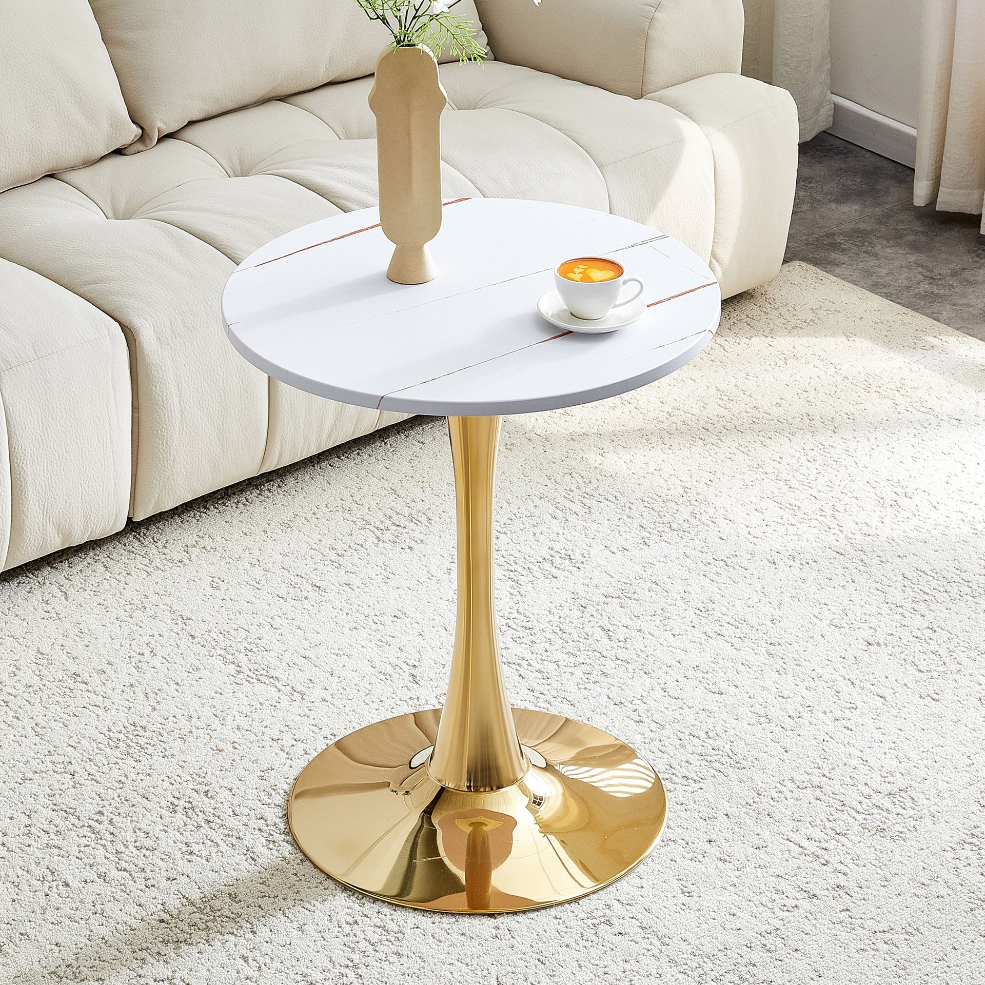 Round Dining Table, 23.6" Circle Tulip Table with Thickened Tabletop & Metal Pedestal, Mid Century Modern Bistro Table for Kitchen, Small Places, Living Room, Cafe (White)