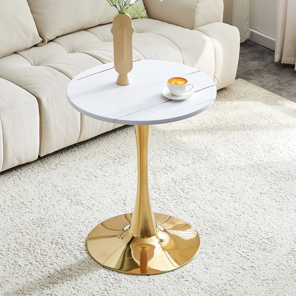 Round Dining Table, 23.6" Circle Tulip Table with Thickened Tabletop & Metal Pedestal, Mid Century Modern Bistro Table for Kitchen, Small Places, Living Room, Cafe (White)