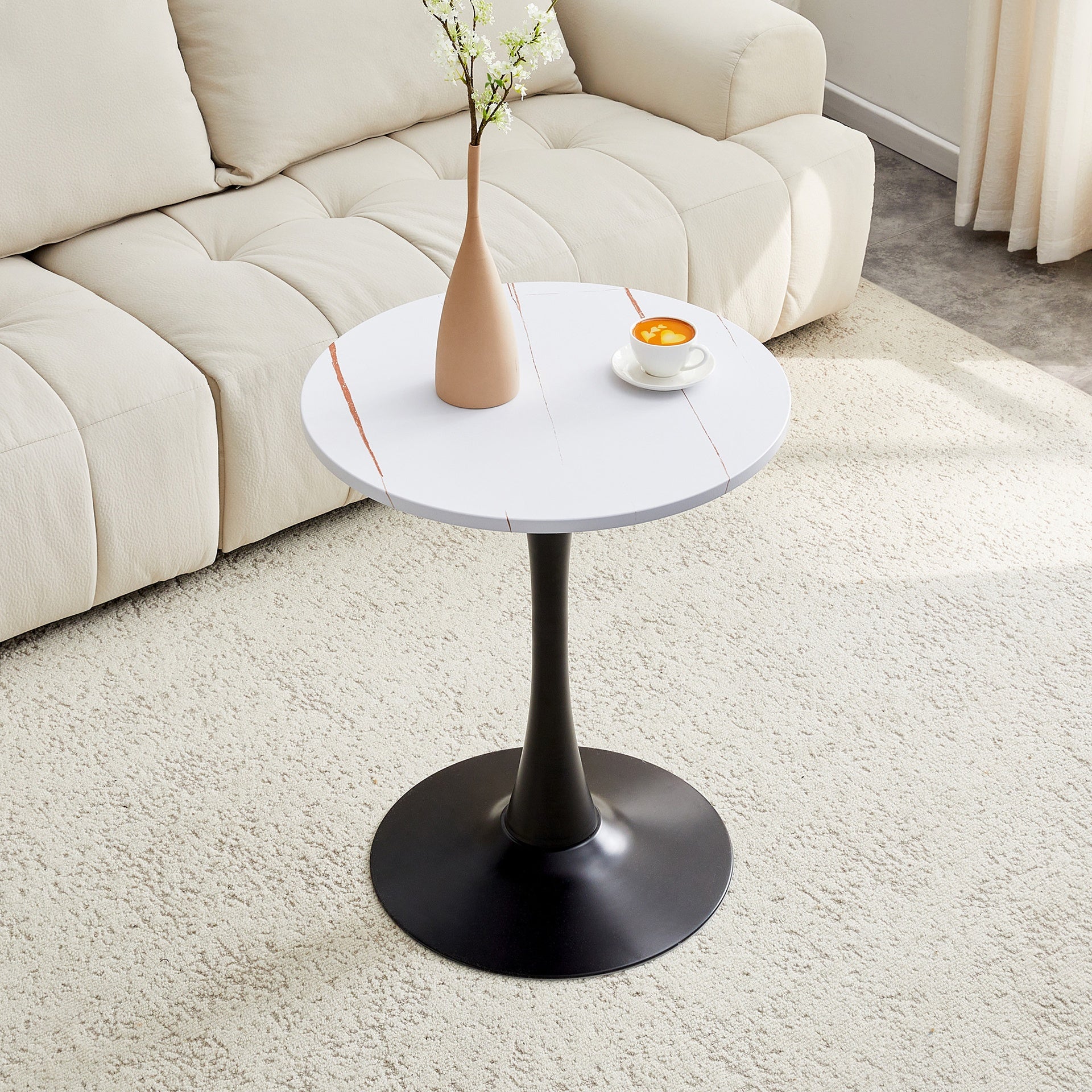 Round Dining Table, 23.6" Circle Tulip Table with Thickened Tabletop & Metal Pedestal, Mid Century Modern Bistro Table for Kitchen, Small Places, Living Room, Cafe (White)