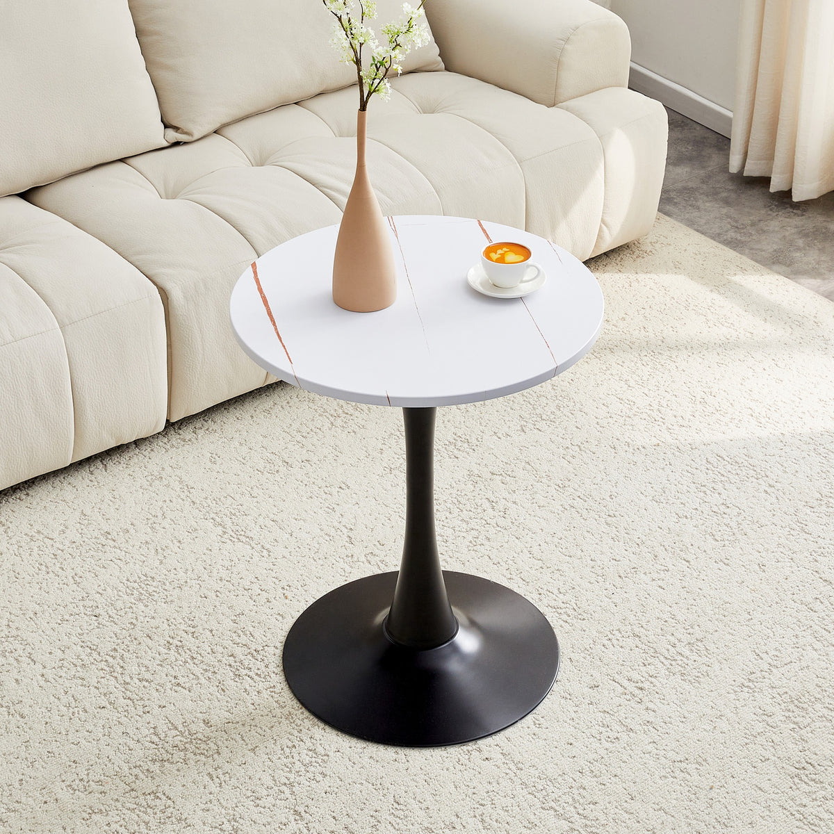 Round Dining Table, 23.6" Circle Tulip Table with Thickened Tabletop & Metal Pedestal, Mid Century Modern Bistro Table for Kitchen, Small Places, Living Room, Cafe (White)