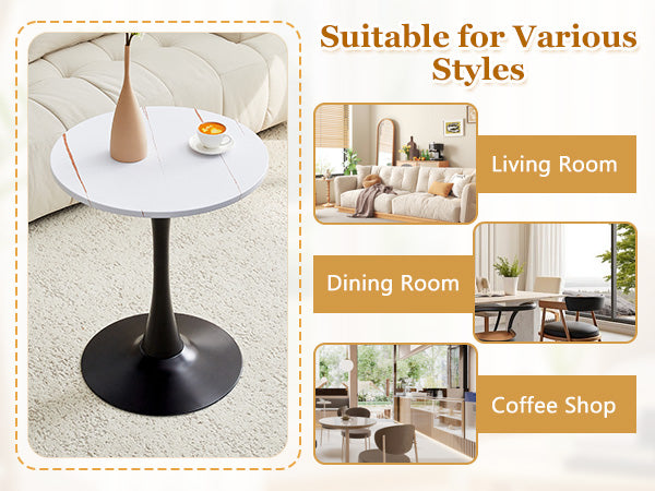 Round Dining Table, 23.6" Circle Tulip Table with Thickened Tabletop & Metal Pedestal, Mid Century Modern Bistro Table for Kitchen, Small Places, Living Room, Cafe (White)