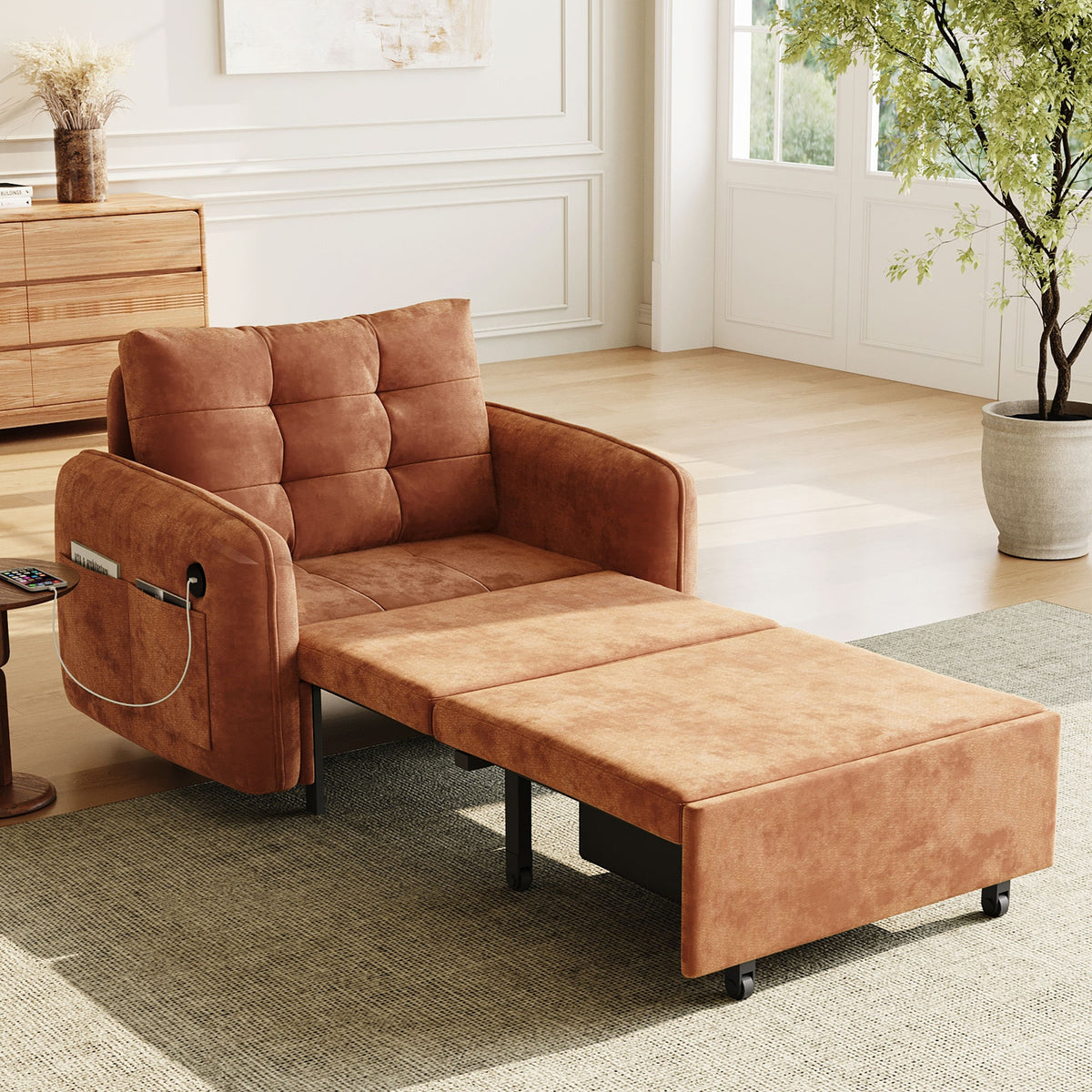 [NEW] 3-in-1 Sleeper Chair Bed, 80" Extra Long Pull Out Sleeping Lounge with USB Charging, Storage Pockets and Box, Tufted Design, Multi-Functional Chenille Single Sofa Bed for Living Room&Apartment