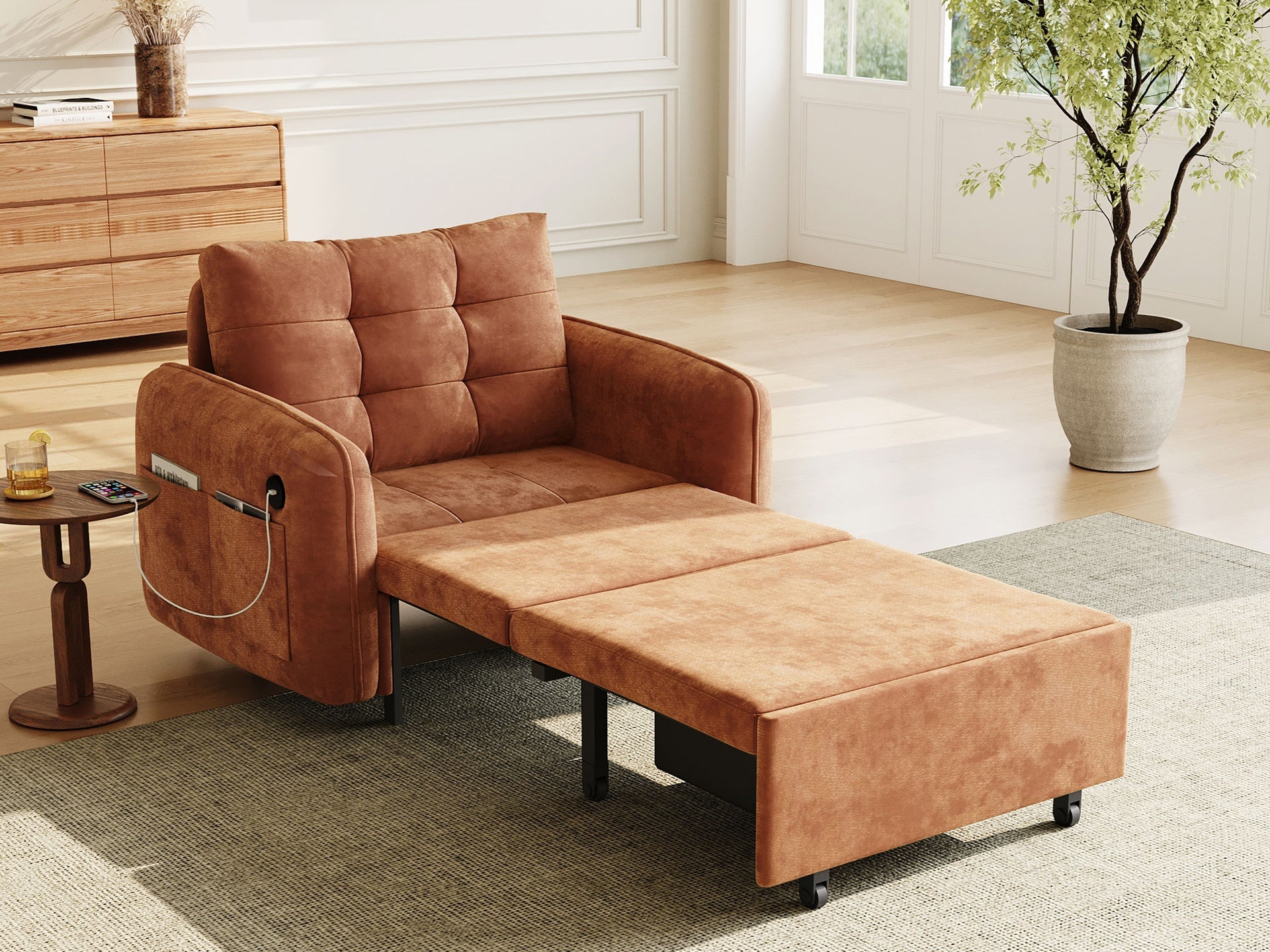 [NEW] 3-in-1 Sleeper Chair Bed, 80" Extra Long Pull Out Sleeping Lounge with USB Charging, Storage Pockets and Box, Tufted Design, Multi-Functional Chenille Single Sofa Bed for Living Room&Apartment