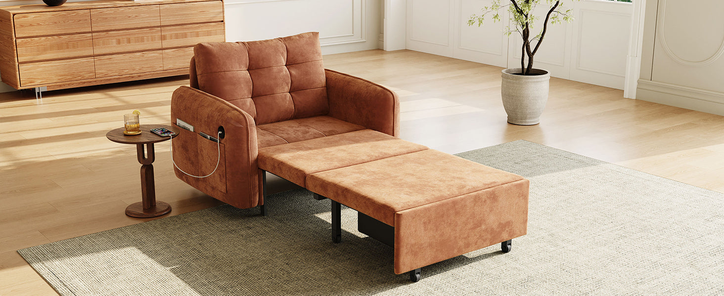 [NEW] 3-in-1 Sleeper Chair Bed, 80" Extra Long Pull Out Sleeping Lounge with USB Charging, Storage Pockets and Box, Tufted Design, Multi-Functional Chenille Single Sofa Bed for Living Room&Apartment