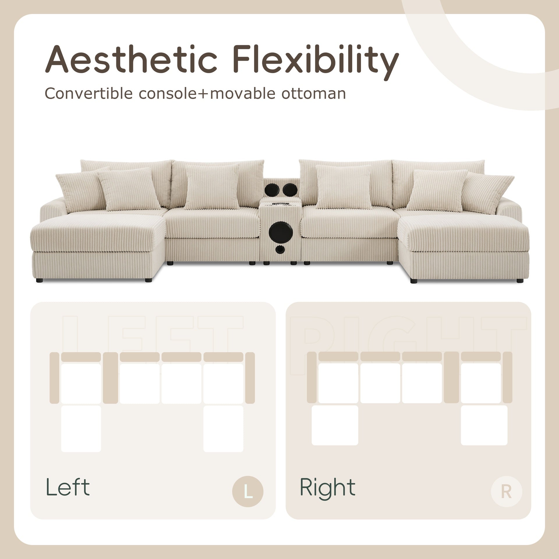 141.5*64'' Corduroy Sectional Sofa with Bluetooth Speakers, U-Shaped Couch with Console, USB Charger, Cup Holders, Storage, Ottoman, Deep and Wide Seat Cloud Sofa for Living Room&Apartment