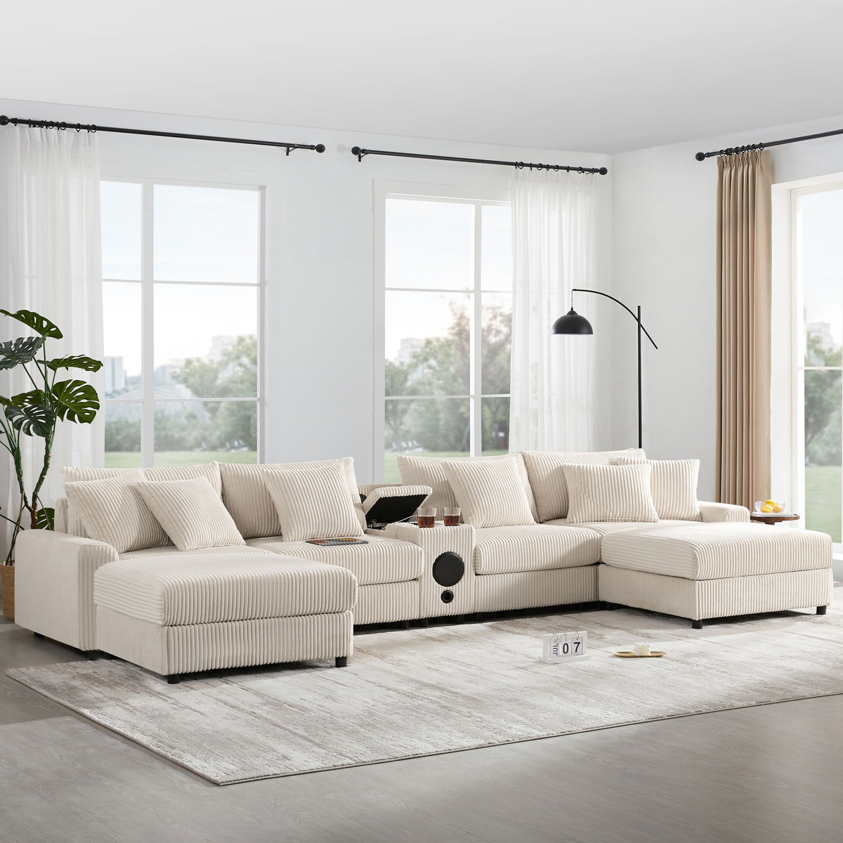 141.5*64'' Corduroy Sectional Sofa with Bluetooth Speakers, U-Shaped Couch with Console, USB Charger, Cup Holders, Storage, Ottoman, Deep and Wide Seat Cloud Sofa for Living Room&Apartment