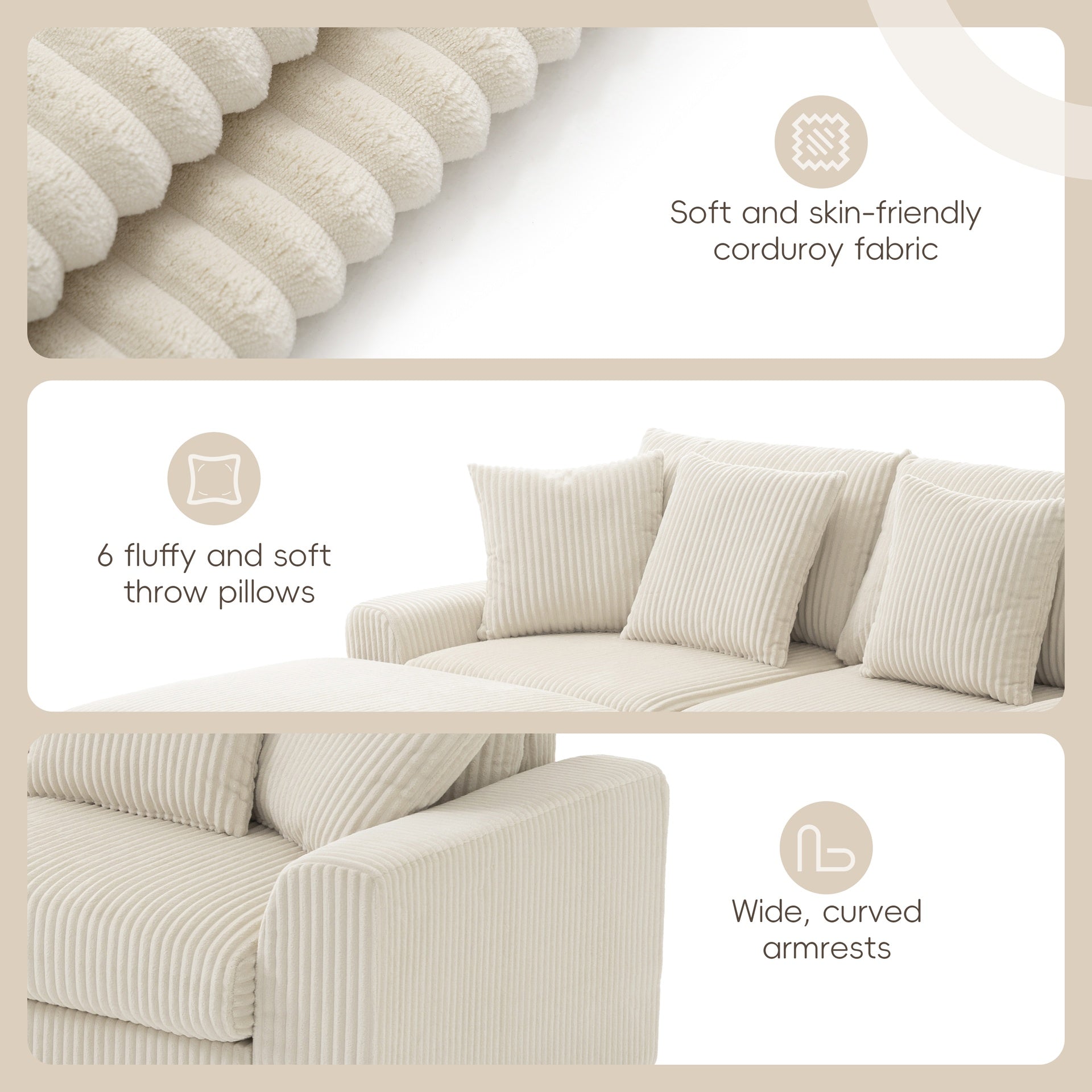 141.5*64'' Corduroy Sectional Sofa with Bluetooth Speakers, U-Shaped Couch with Console, USB Charger, Cup Holders, Storage, Ottoman, Deep and Wide Seat Cloud Sofa for Living Room&Apartment