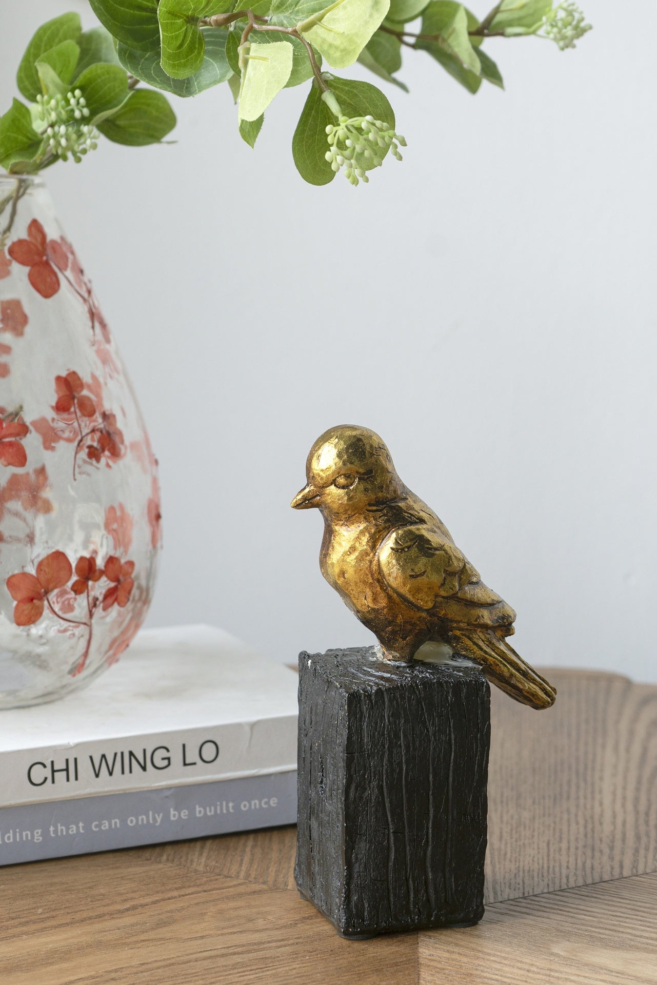 4.5x2.5x7.5" Gold Resin Songbird Sculpture On Black Faux Branch