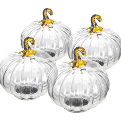 Set of 4, 4x4x5" Clear Glass Pumpkin, Pumpkin Ornament Decor for Holiday Harvest Festival Fall Festival & Thanksgiving