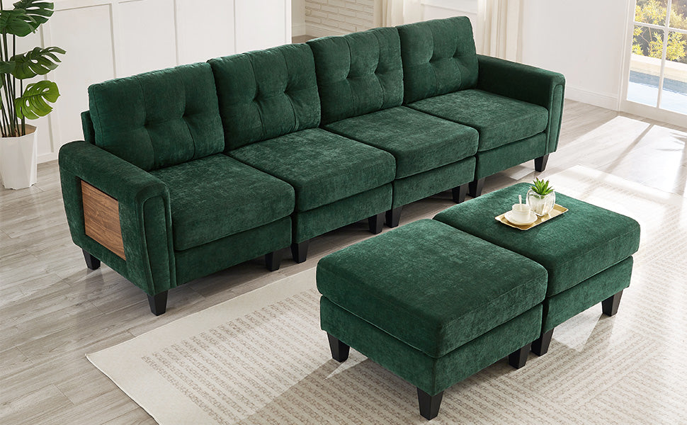Modern Sectional Sofa 115" U-shaped Sofa Upholstered Sofa Couch with Two Movable Ottomans, USB Ports and Side Tables for Living Room, Green