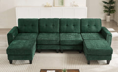 Modern Sectional Sofa 115" U-shaped Sofa Upholstered Sofa Couch with Two Movable Ottomans, USB Ports and Side Tables for Living Room, Green