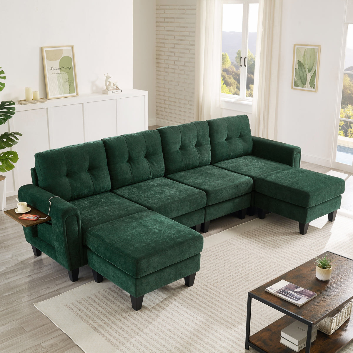 Modern Sectional Sofa 115" U-shaped Sofa Upholstered Sofa Couch with Two Movable Ottomans, USB Ports and Side Tables for Living Room, Green