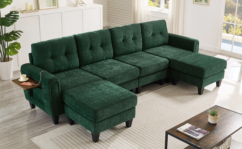 Modern Sectional Sofa 115" U-shaped Sofa Upholstered Sofa Couch with Two Movable Ottomans, USB Ports and Side Tables for Living Room, Green