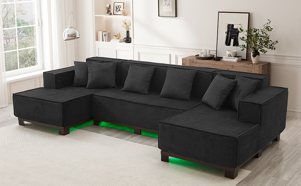 Modern U-Shaped Sectional Sofa 130" Sectional Sofa Upholstered Sofa with RGB LED Light Strip and 6 Pillows for Living Room, Black