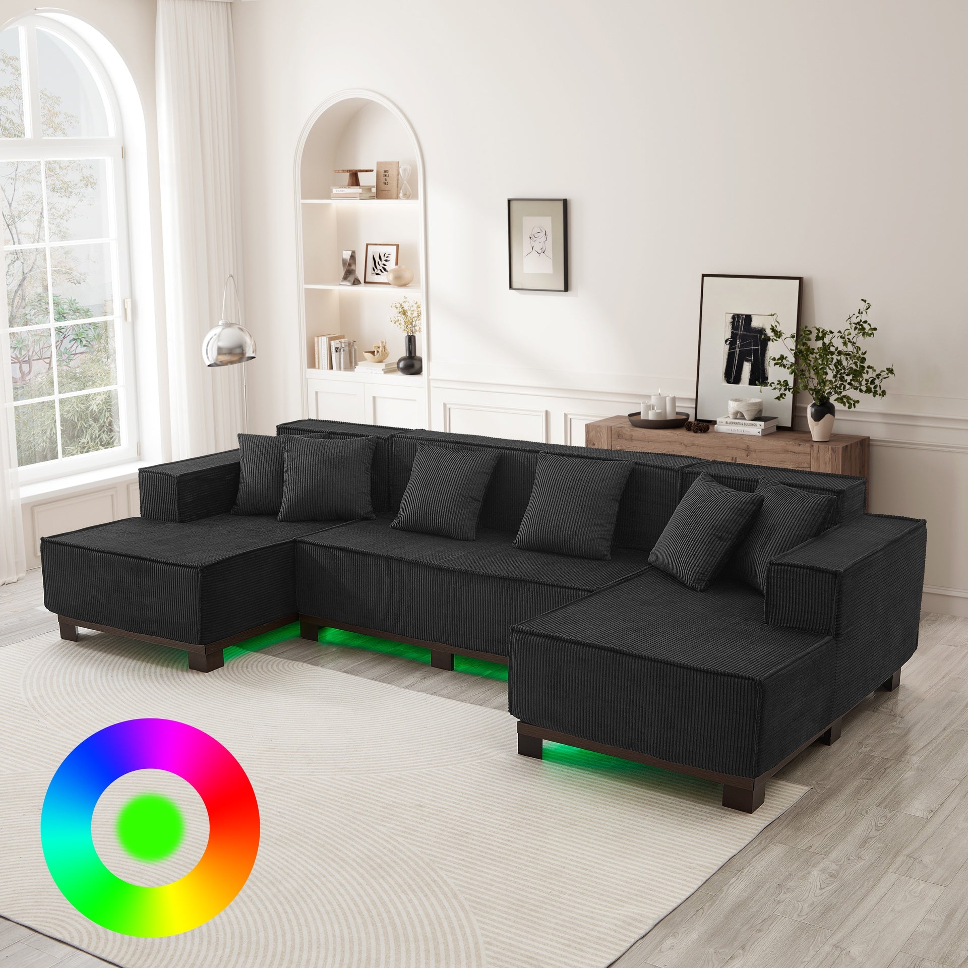 Modern U-Shaped Sectional Sofa 130" Sectional Sofa Upholstered Sofa with RGB LED Light Strip and 6 Pillows for Living Room, Black